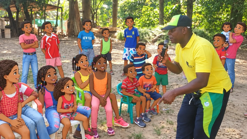 Líder comunitario en actividad integradora con niños